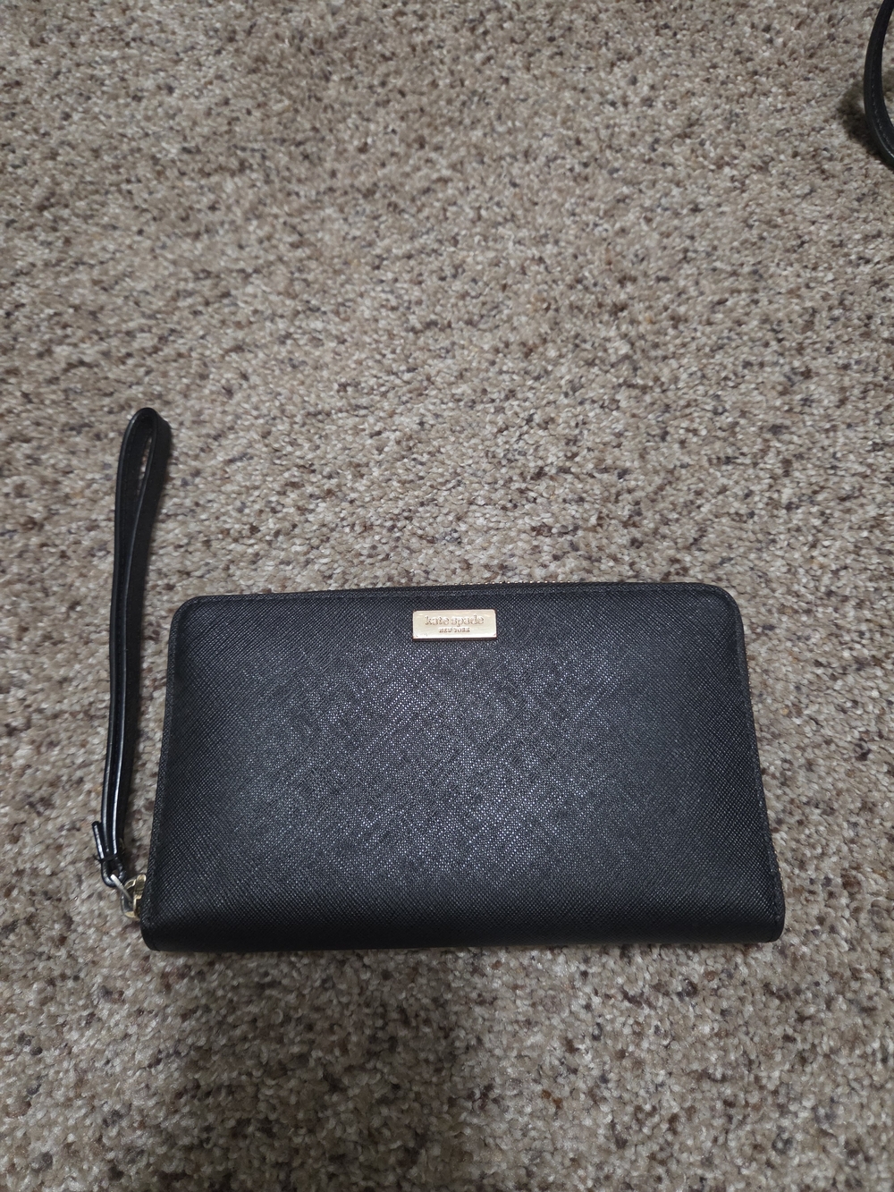 Kate Spade Black Leather Zip Wristlet with Gold Plaque